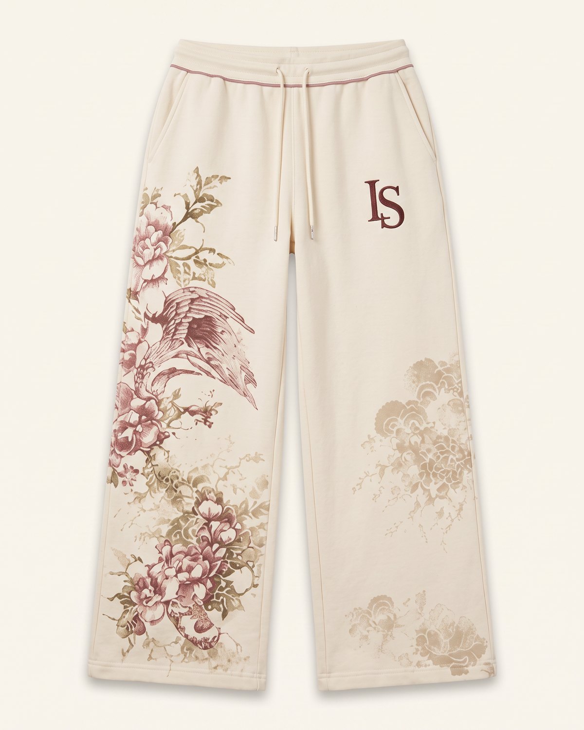 Seabreeze Baggy Jeans by Ivoryshores — Studio Front View, vintage ivory with a faded botanical print