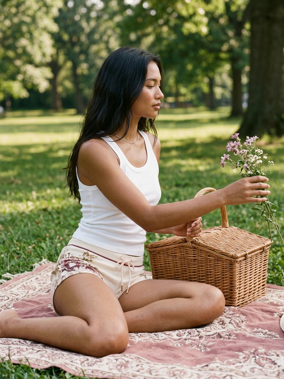 Ivoryshores campaign — a young woman in Rosie Cove low-rise shorts at a late-afternoon picnic on a gingham blanket