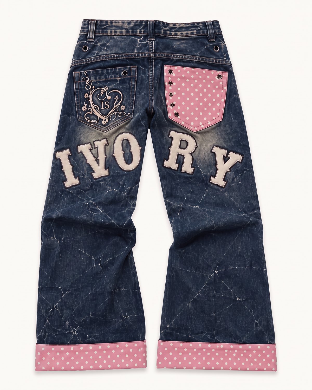 Daydream Baggy Jeans by Ivoryshores — Studio Back View with the varsity lettering and pink polka-dot pocket