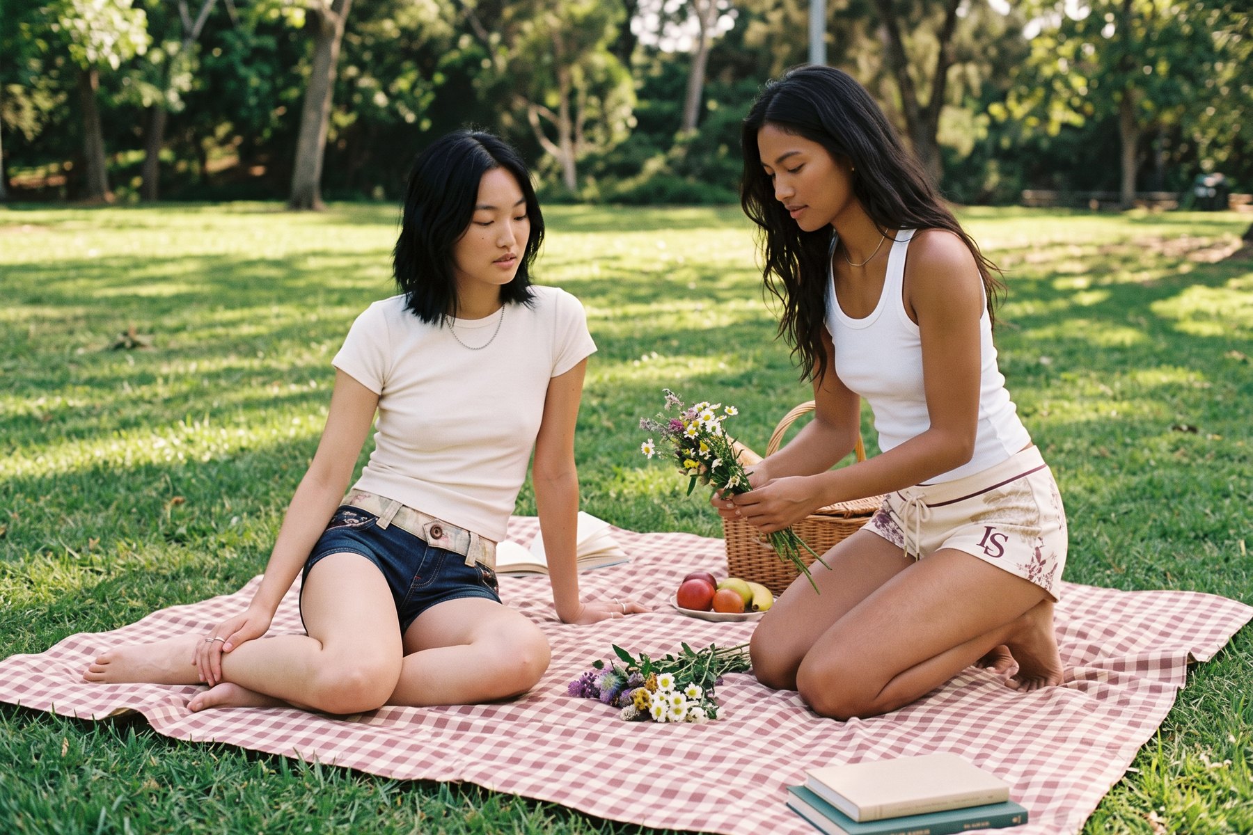 Two friends in Ivoryshores low-rise shorts sitting on the grass in a summer park