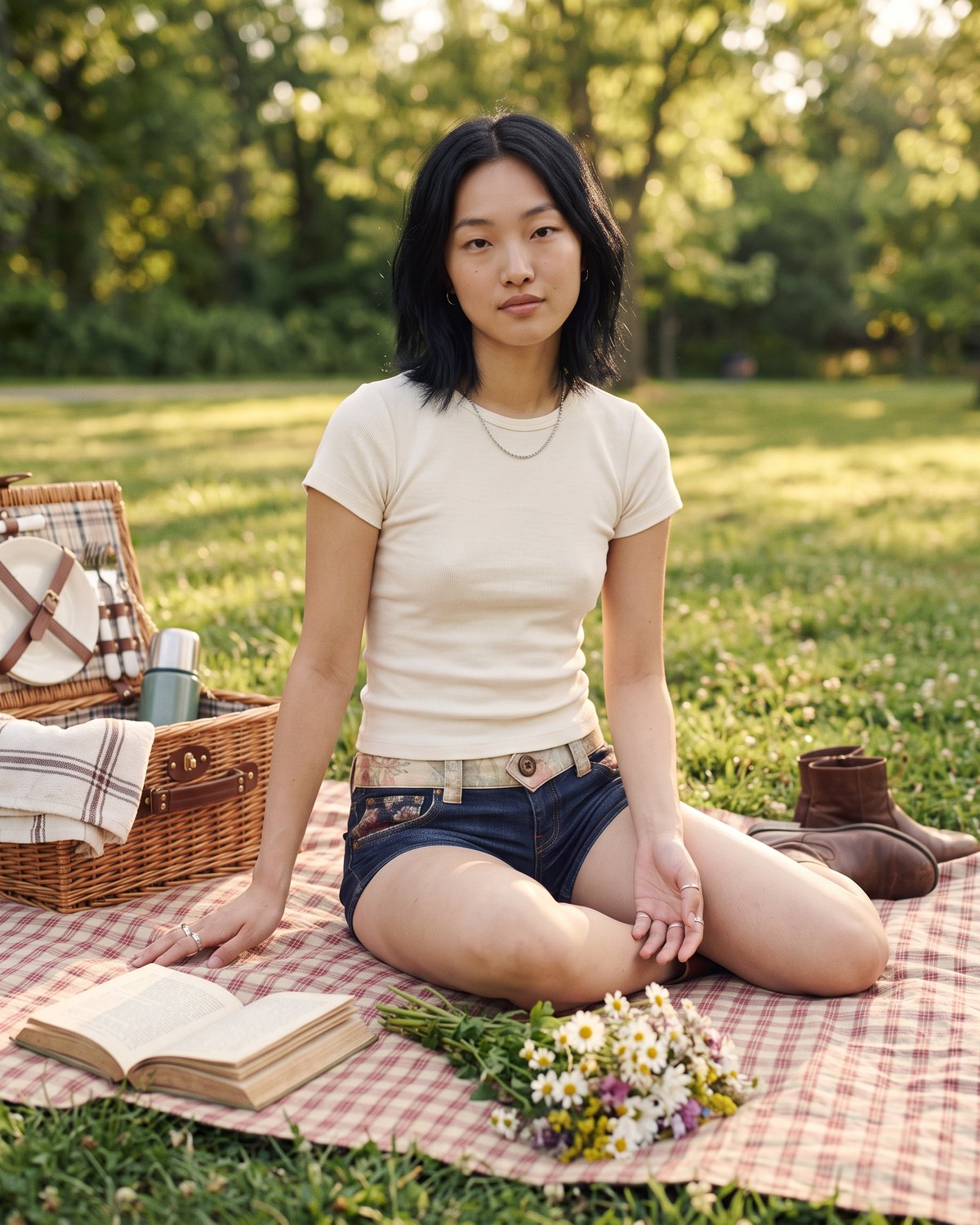 Editorial Photograph of Sunday Shore Low-Rise Shorts by Ivoryshores worn at a summer picnic