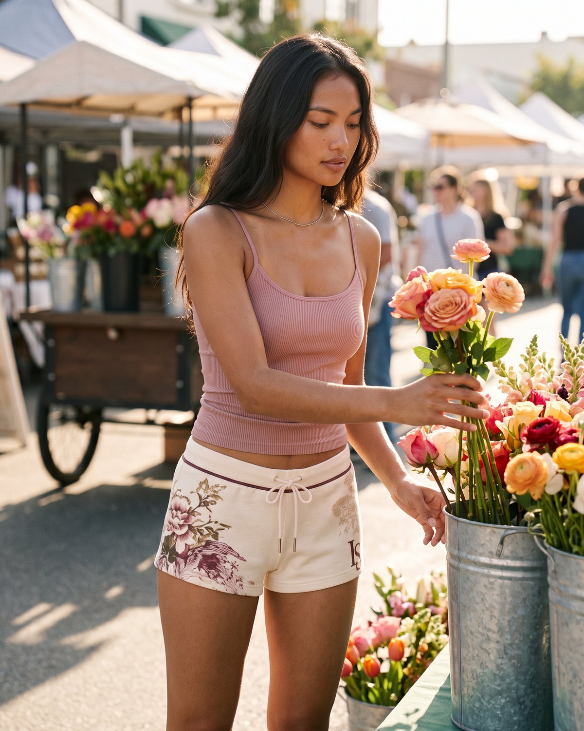 Editorial Photograph of Rosie Cove Low-Rise Shorts by Ivoryshores worn at a summer flower market