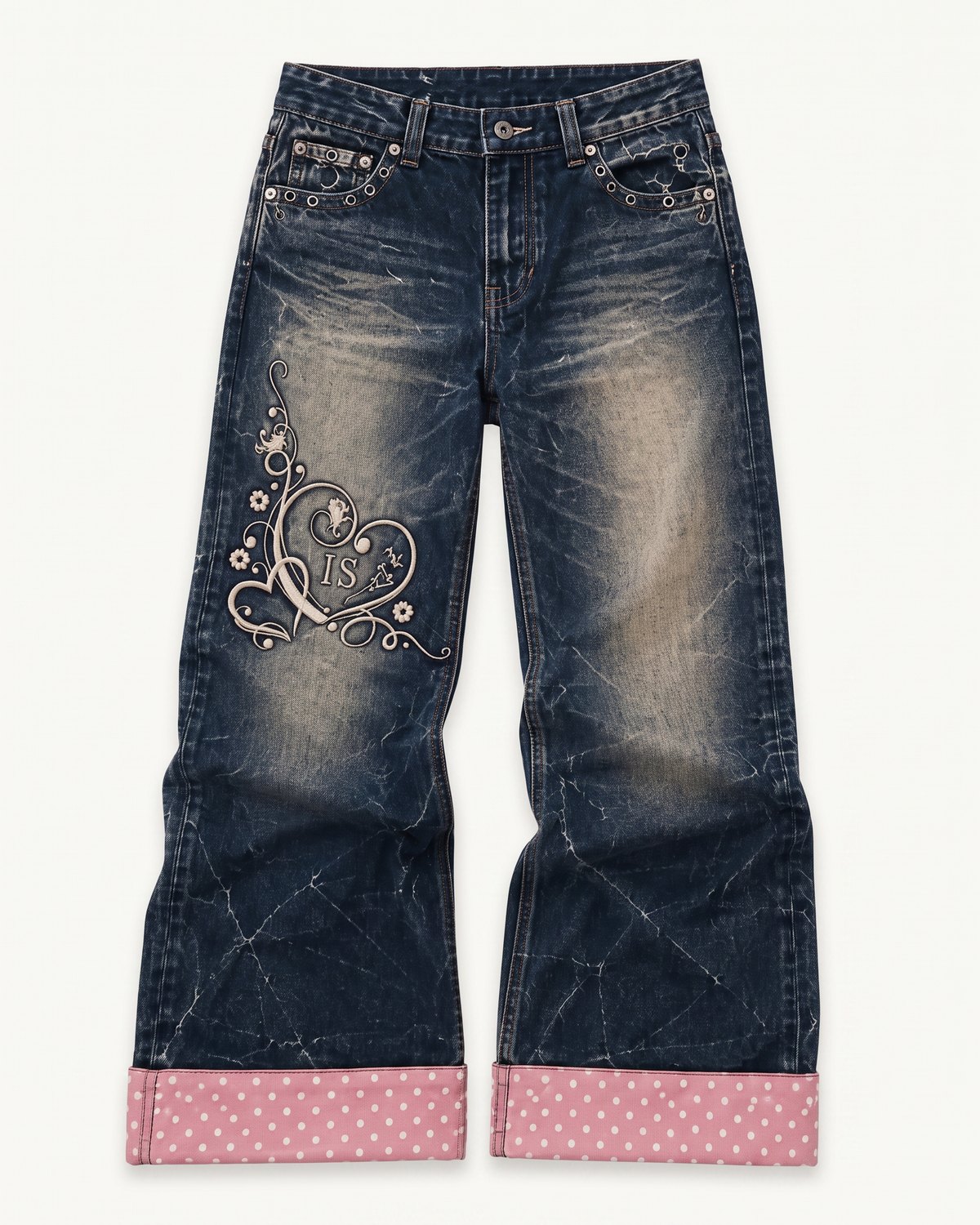 Daydream Baggy Jeans by Ivoryshores — Studio Front View, washed indigo denim with an embroidered heart motif