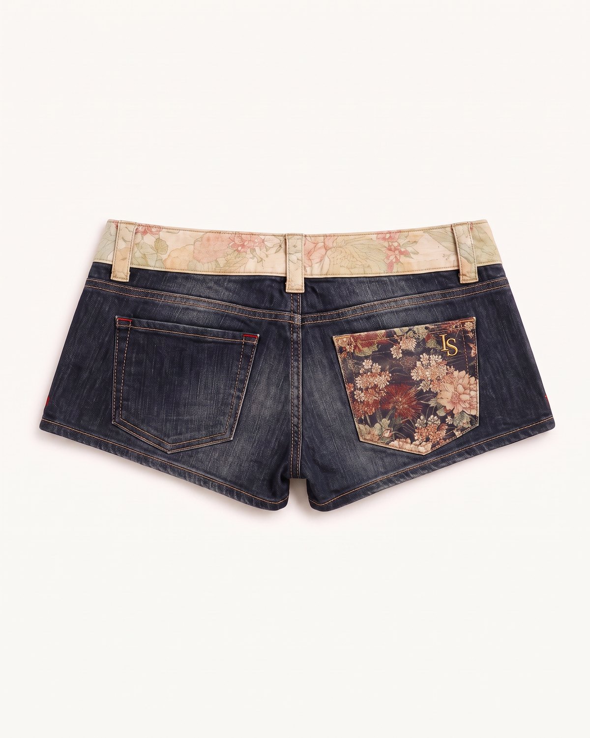 Sunday Shore Low-Rise Shorts by Ivoryshores — Studio Back View with the floral pocket and 'IS' motif