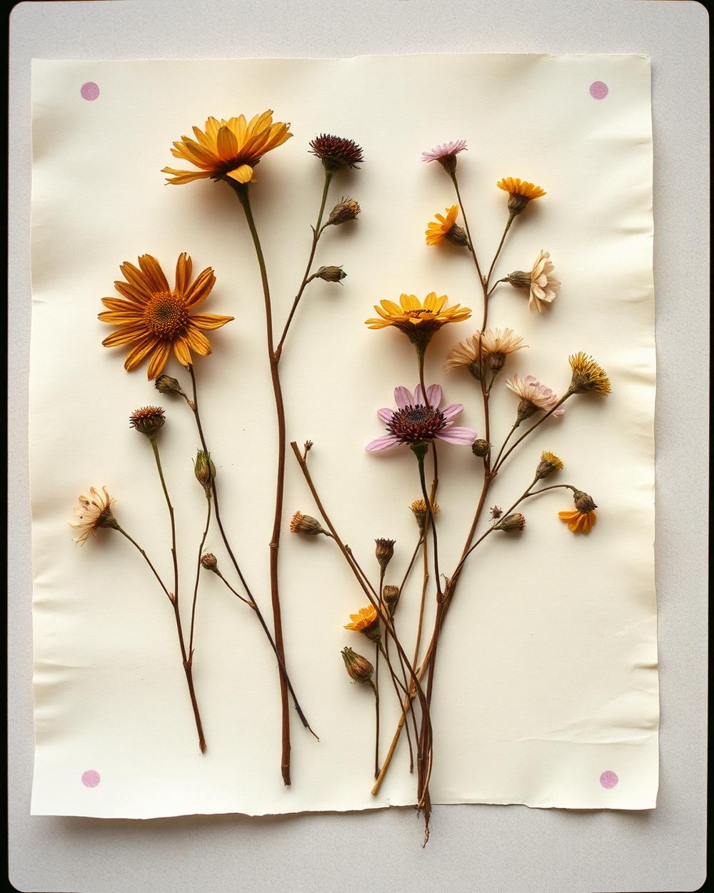 Pressed flowers on aged ivory paper