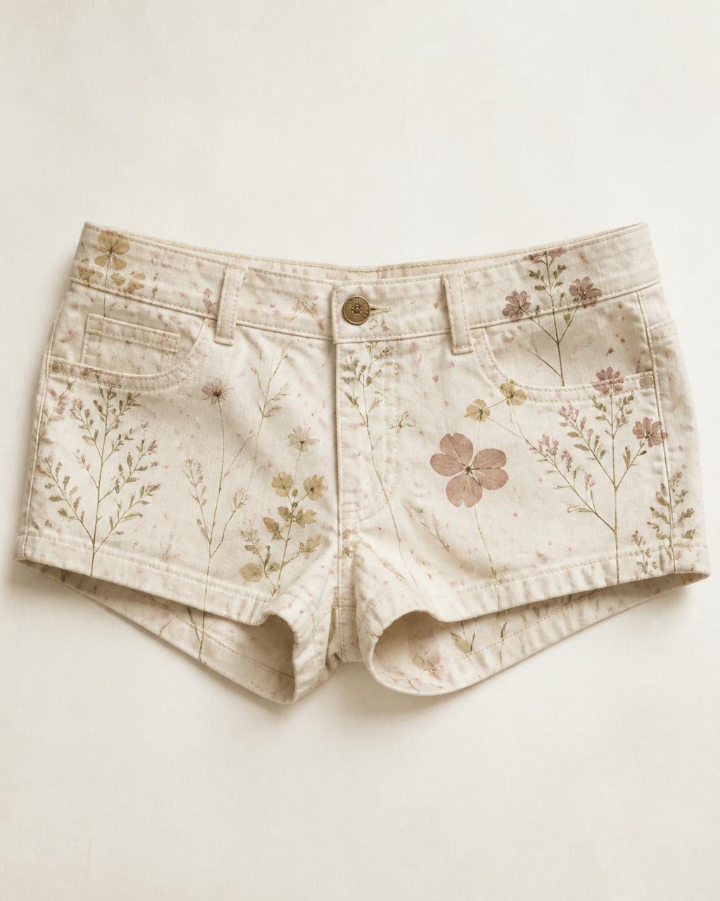 Petal Cove Low-Rise Shorts by Ivoryshores — Front View, ivory twill with a pressed wildflower print