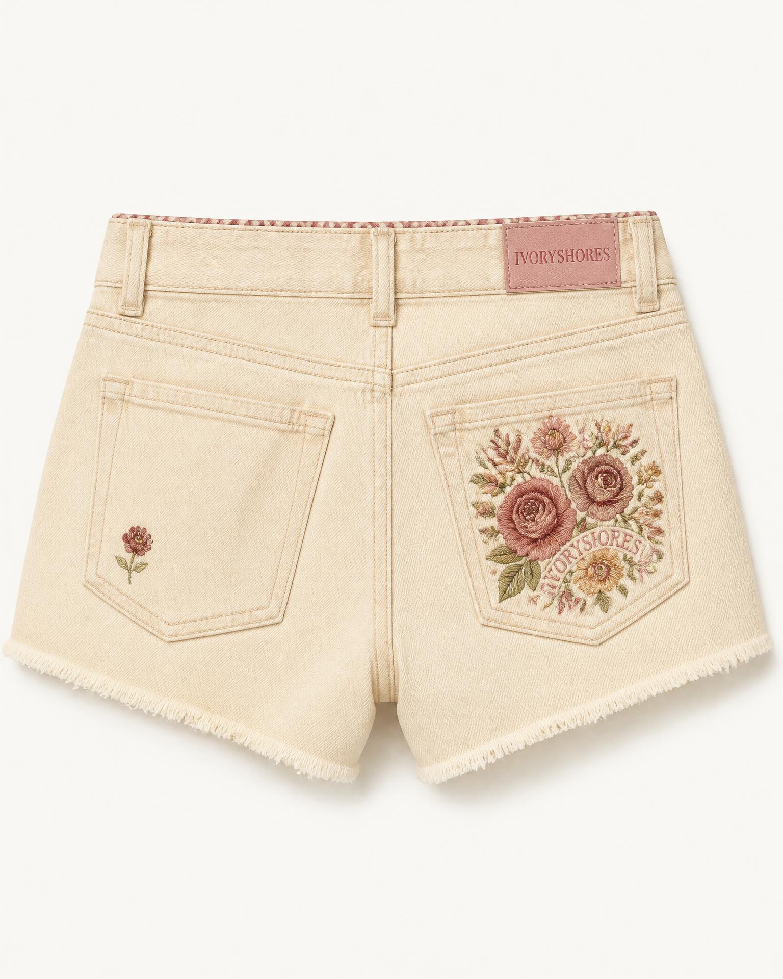 Petal Cove Low-Rise Shorts by Ivoryshores — Studio Back View with the embroidered rose pocket and Ivoryshores label