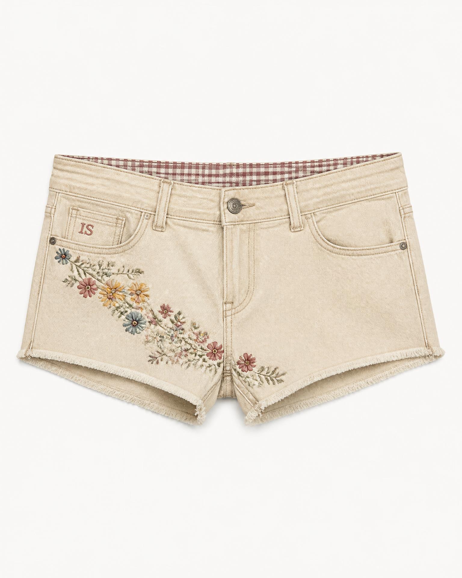 Petal Cove Low-Rise Shorts by Ivoryshores — Studio Front View, sun-washed ivory denim with asymmetrical botanical embroidery
