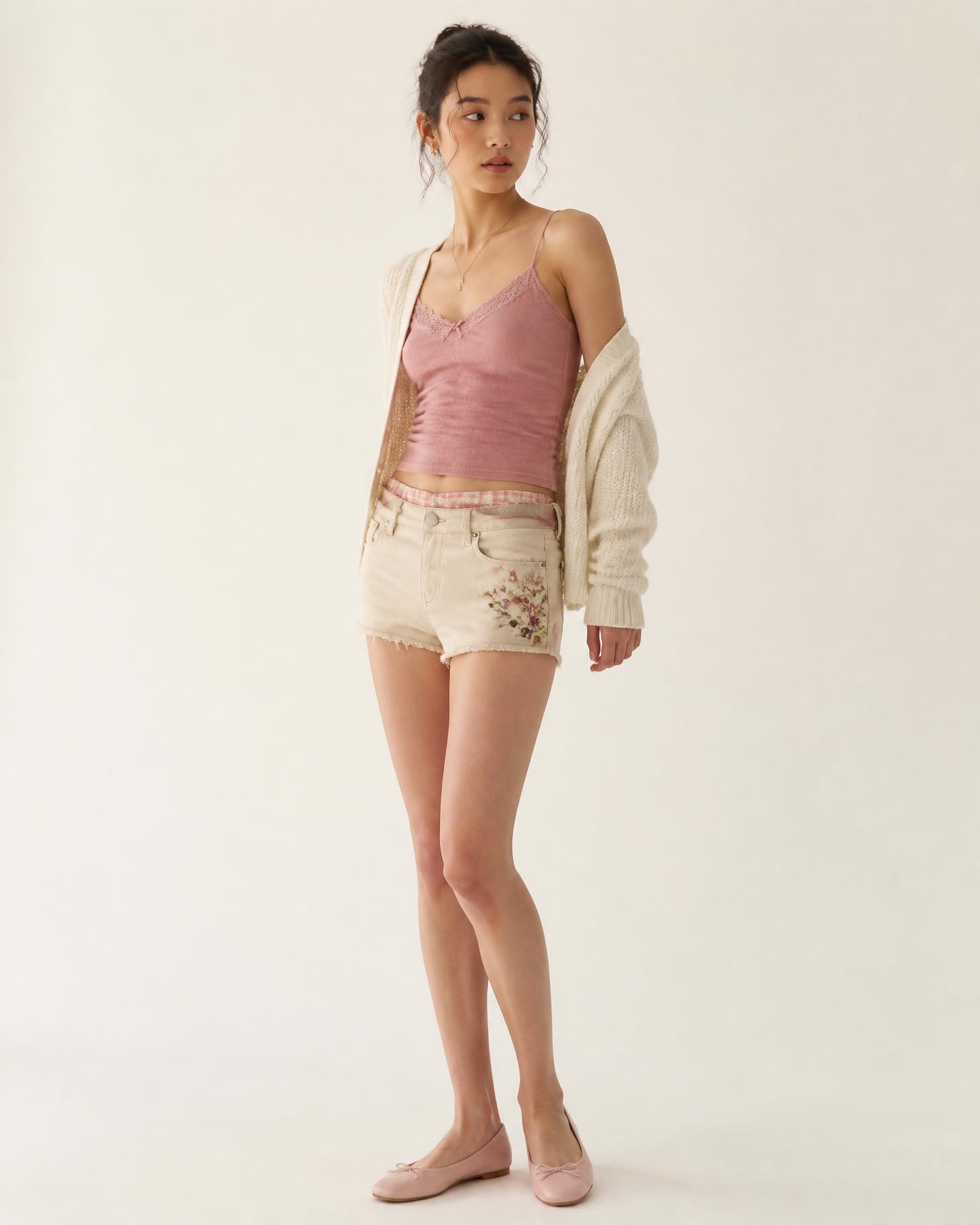Model Wearing Petal Cove Low-Rise Shorts by Ivoryshores — Three-Quarter Fit View