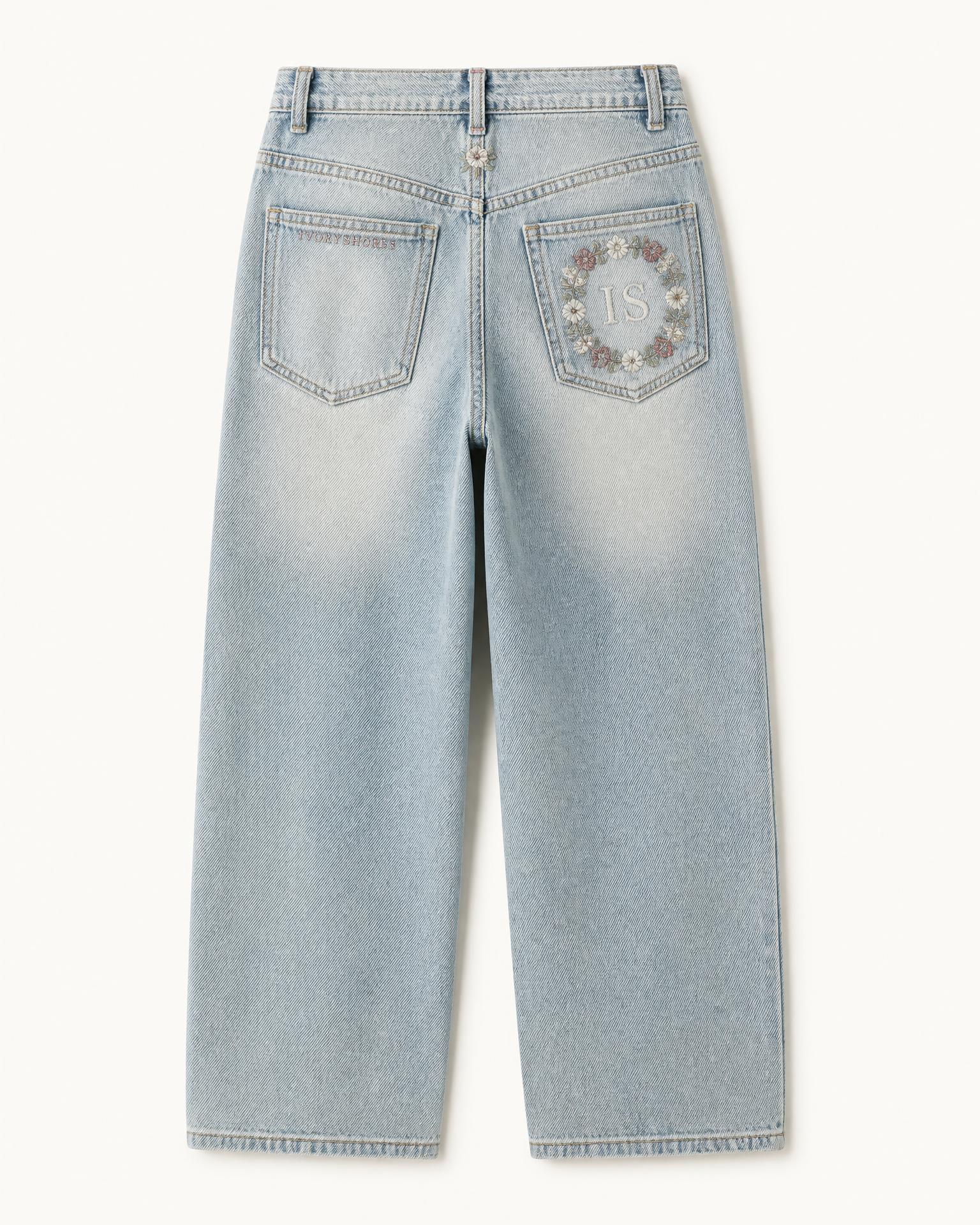 Shellwash Baggy Jeans by Ivoryshores — Studio Back View with the embroidered 'IS' pocket monogram
