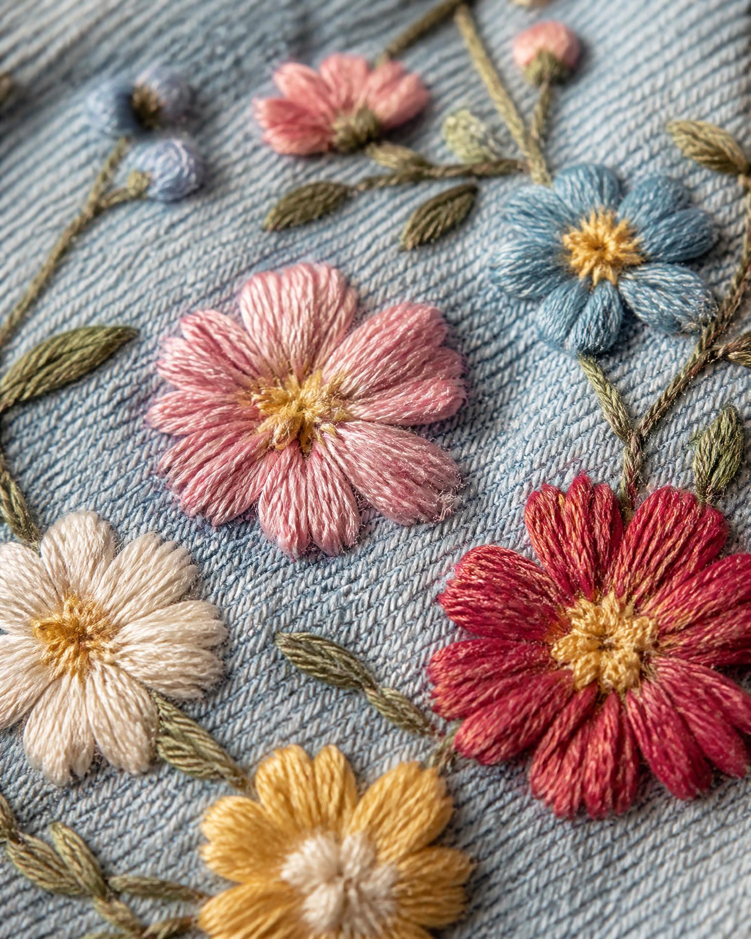 Macro Close-Up of the floral embroidery thread on Shellwash Baggy Jeans