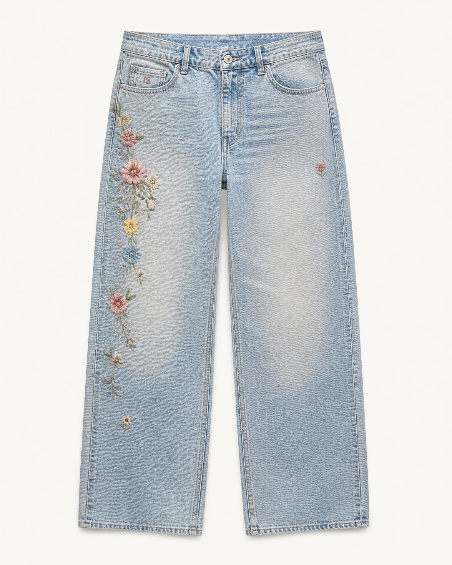 Shellwash Baggy Jeans by Ivoryshores — Studio Front View, faded cloud-blue denim with a botanical embroidery trail