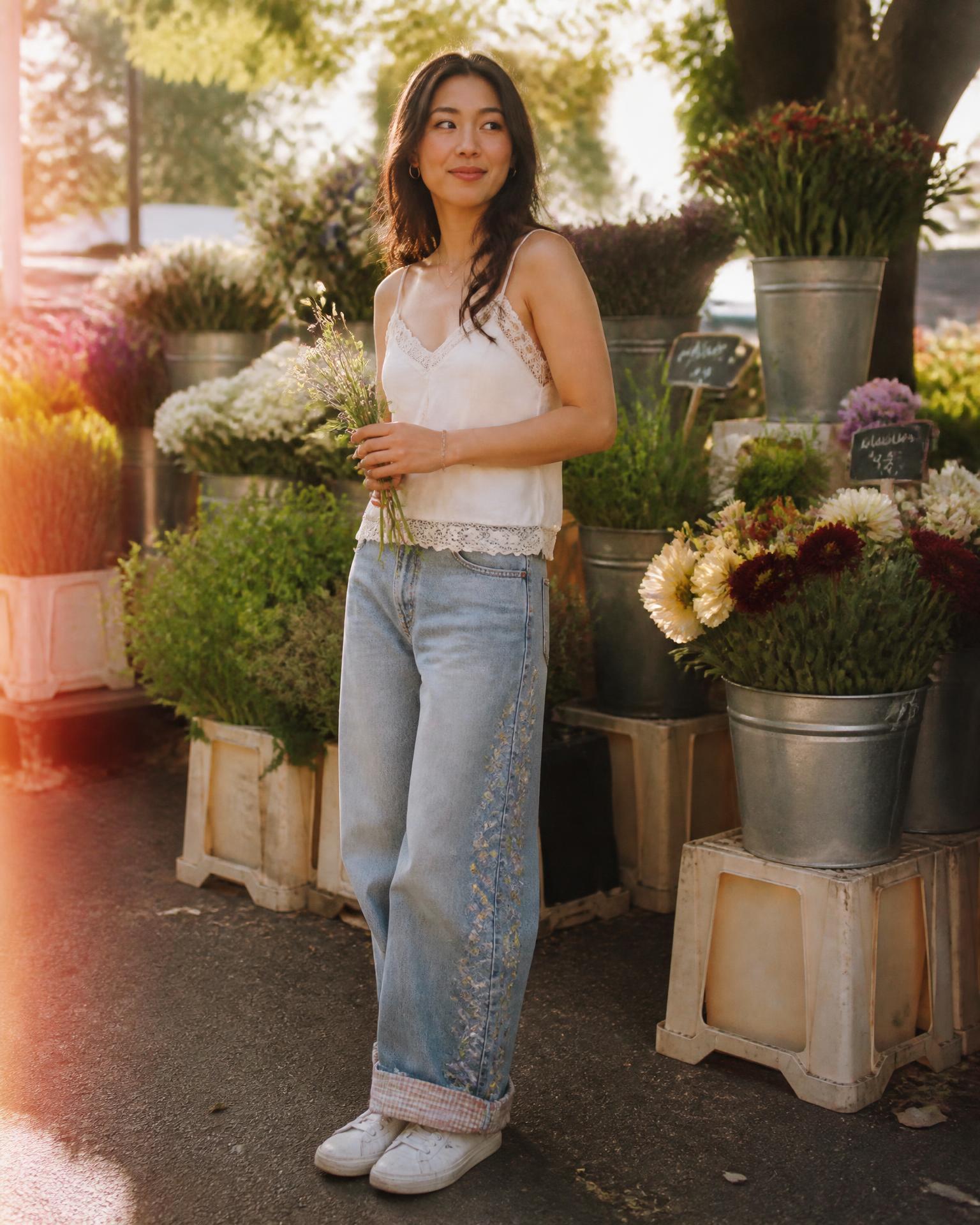 Editorial Photograph of Shellwash Baggy Jeans by Ivoryshores worn at a sunlit flower market