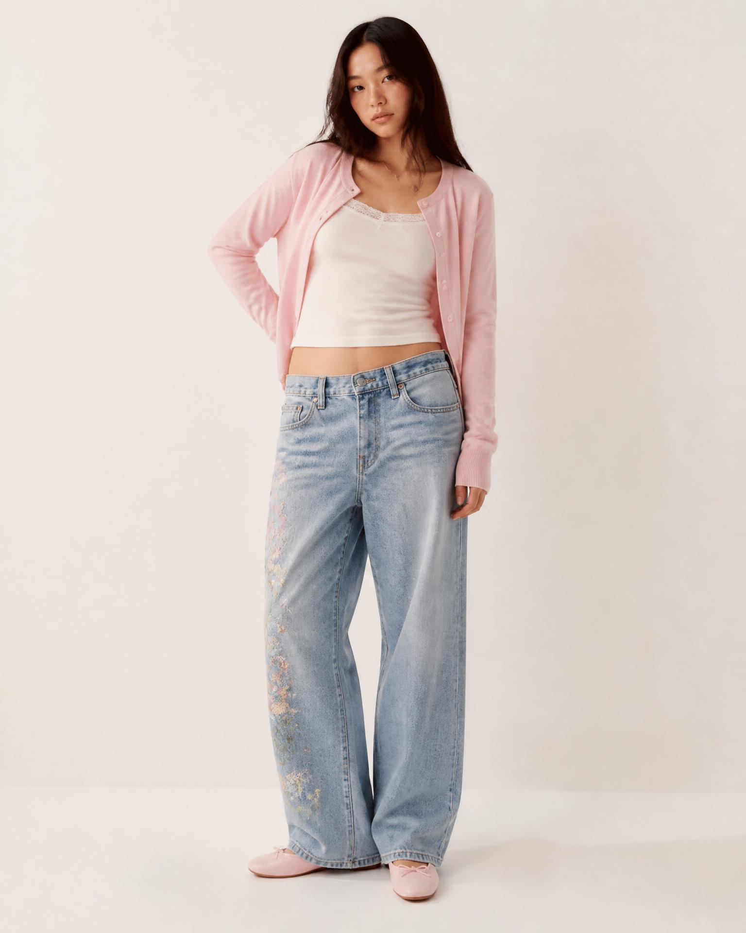 Model Wearing Shellwash Baggy Jeans by Ivoryshores — Three-Quarter Fit View